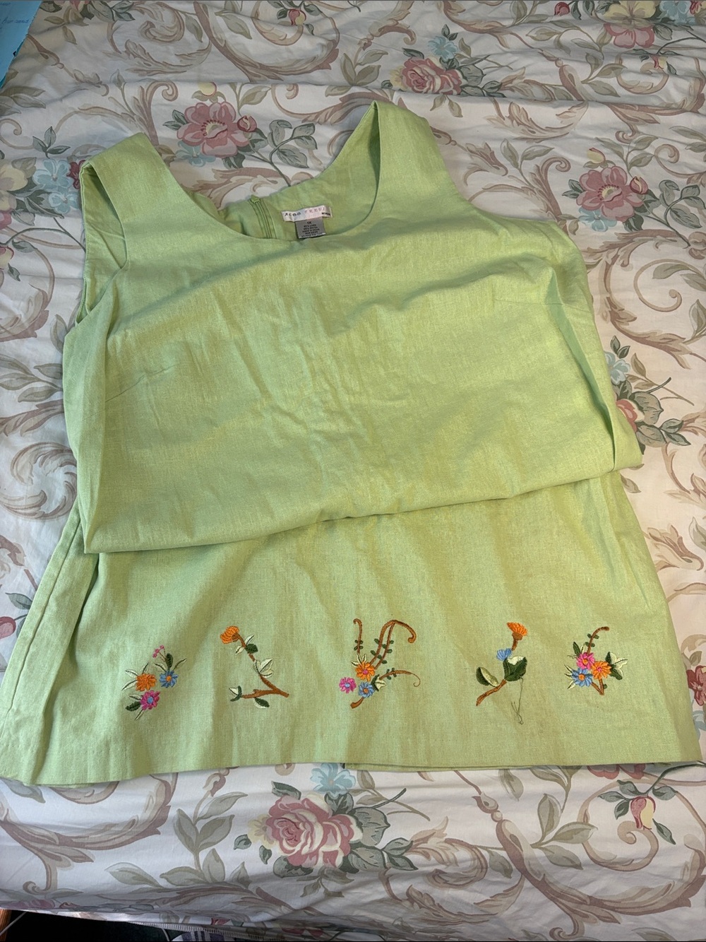 Aldo Trevi embroidered sleeveless dress vintage green linen rayon 1X *flaw
